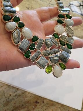 Labordorite, Emerald Green, Peridot & Moonstone Statement Necklace Hand Made